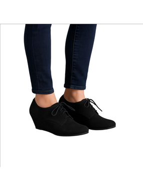Black Wedge Suede Lace Up Ankle Bootie Heels